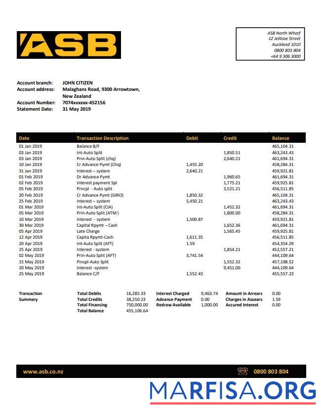 Printable New Zealand ASB bank statement word example